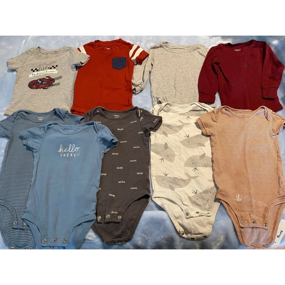 Carters Baby Boy Bodysuit Bundle 9pc Set 12M Blue Red Grey Stripes Whales
